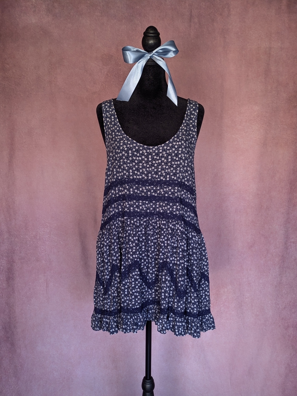 American Rag Blue Floral Crochet Trim Ruffle Hem Mini Dress